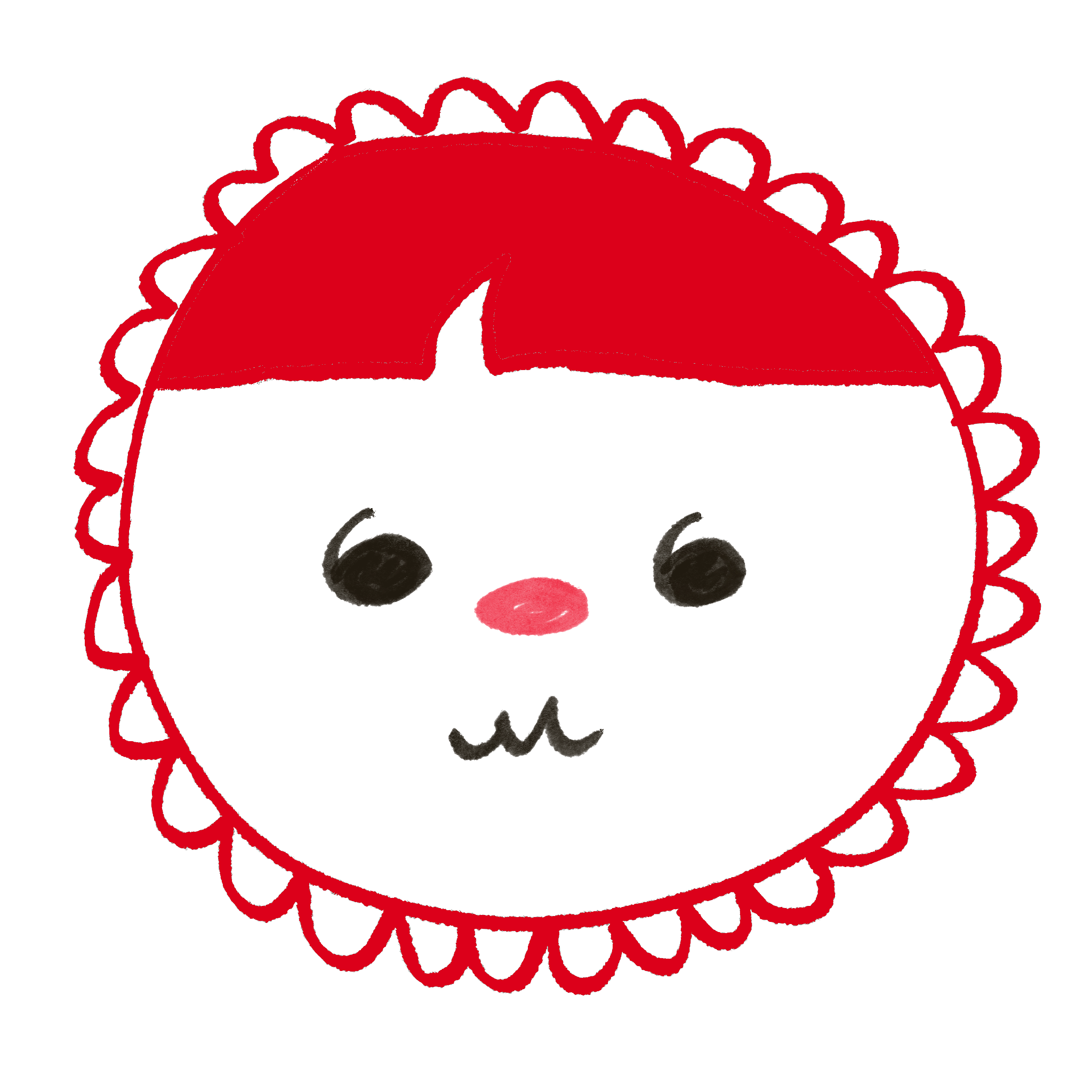 A child's drawing of a face with curly hair and sunglasses, with a red semicircular hat or head covering on top.