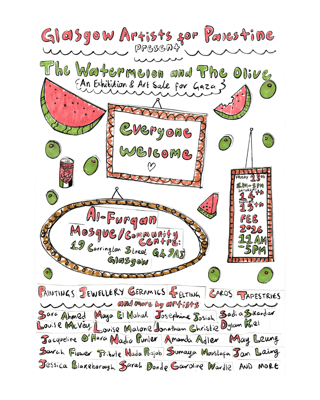 Poster for Glasgow Artists for Palestine Exhibition and Market

pen and paper