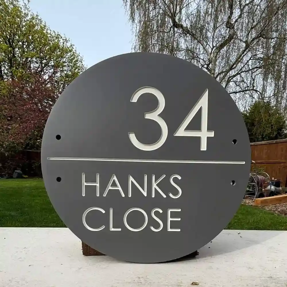 Modern Round Engraved Stone House Sign - 34 Hanks Close