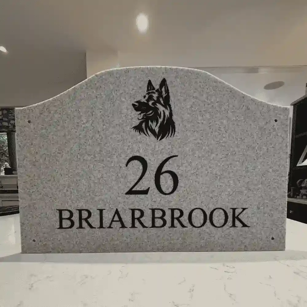 Scalloped Stone House Sign with Alsatian logo.webp