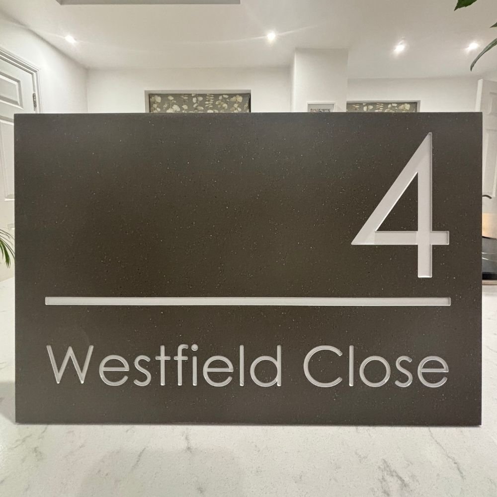 Modern Rectangle Engraved Stone House Sign in Mink Stone