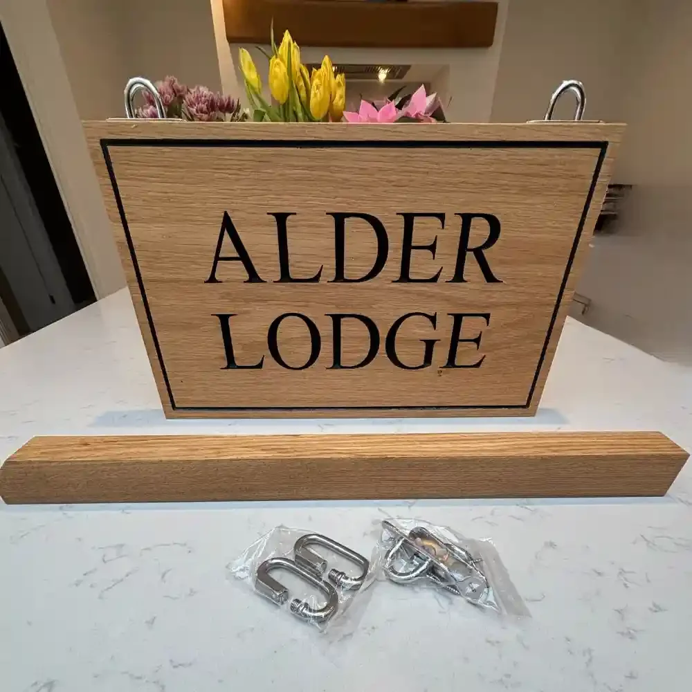 Oak Rectangle Engraved Hanging Sign with arm and fixings.webp