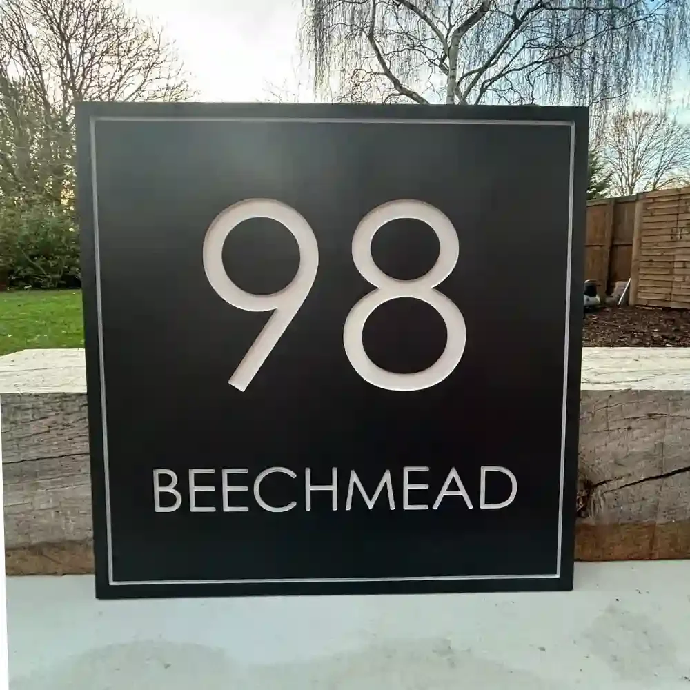 Modern Square Stone House Sign with engraved border - 98 Beechmead