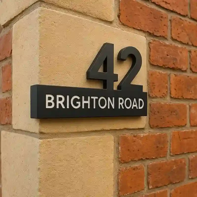 Modern Floating Number Engraved House Sign on a wall.webp