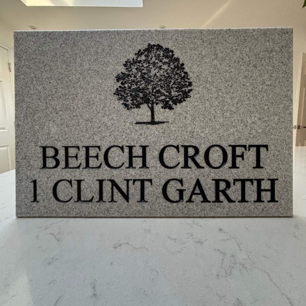 Rectangle Engraved Stone House Sign with Motif in Granite