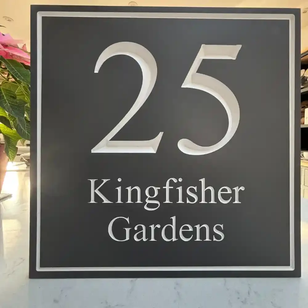 Modern Square Stone House Sign with engraved border - 25 Kingfisher