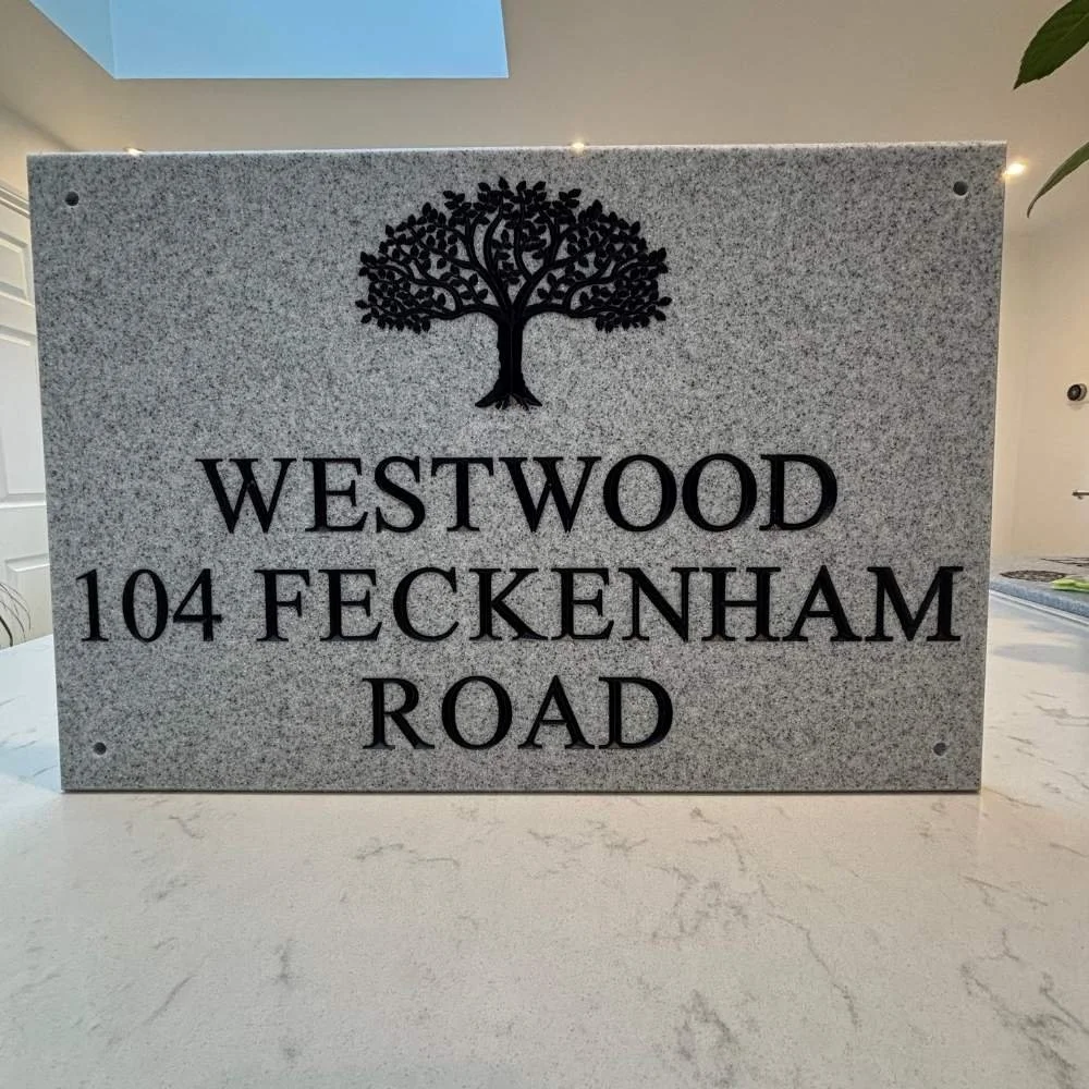 Rectangle Engraved Stone House Sign with Motif in Granite & black Text
