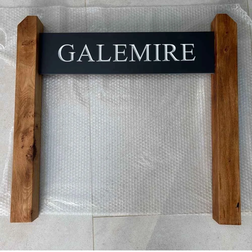 Oak Post & Stone House Sign in dark slate