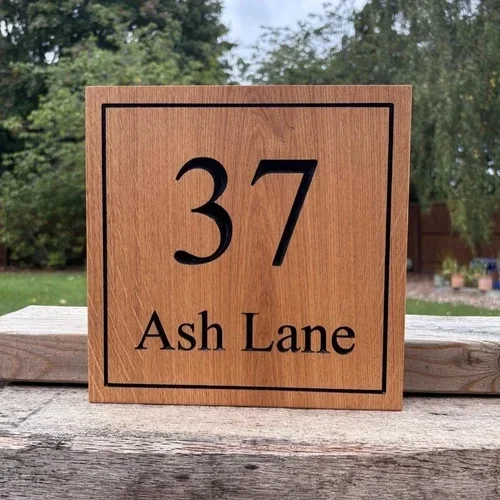 Oak Square Engraved House Sign with border