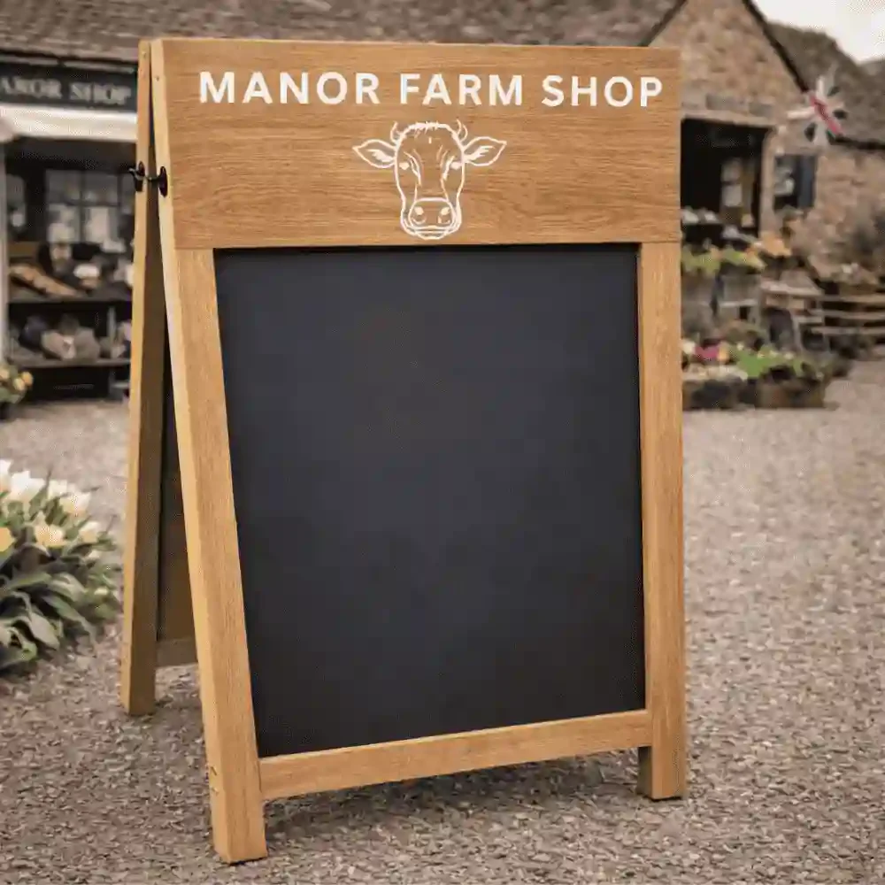 Solid Oak A-Frame Chalkboard Sign with Cow Logo.webp