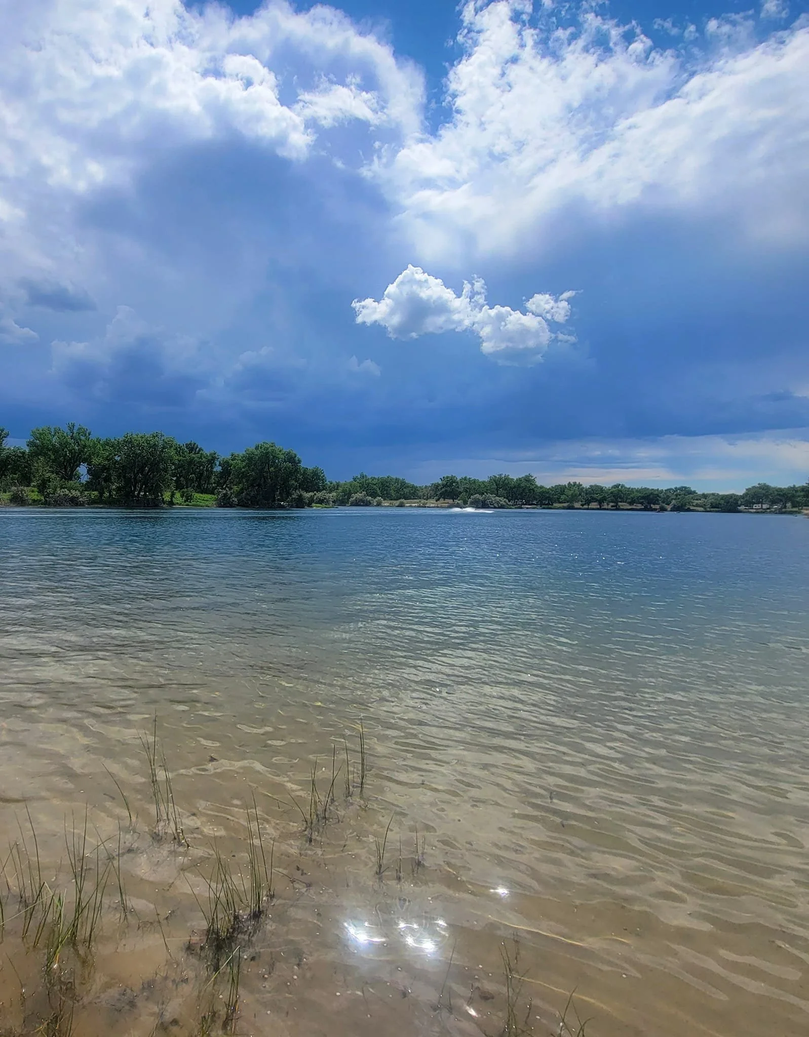 Scenic view of a calm lake with clear shallow water near the shore, lush green trees in the distance, and a partly cloudy sky with blue and white clouds overhead.
