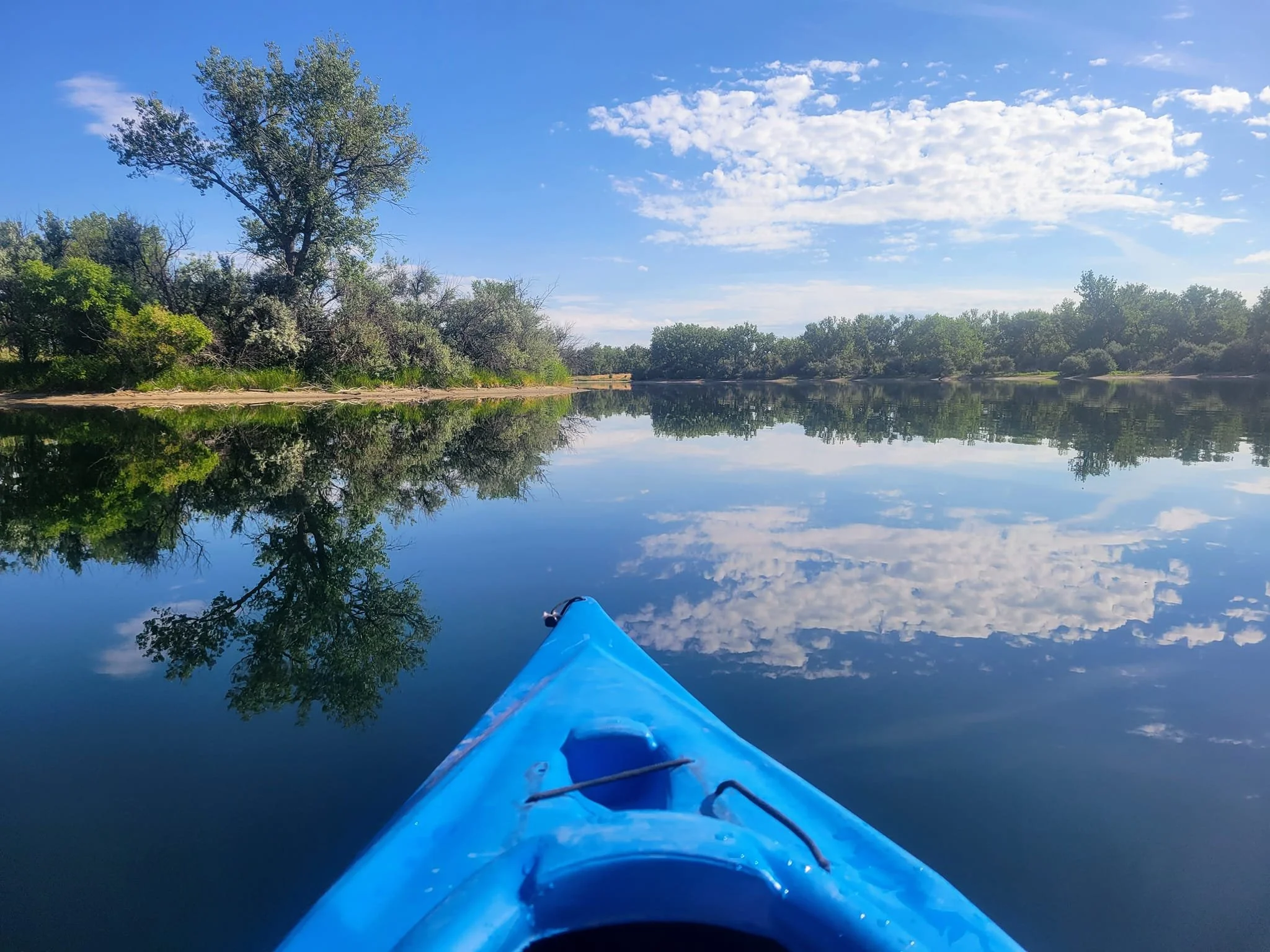 View from a blue kayak on a calm river with trees and bushes on the riverbank and a partly cloudy blue sky reflected in the water.