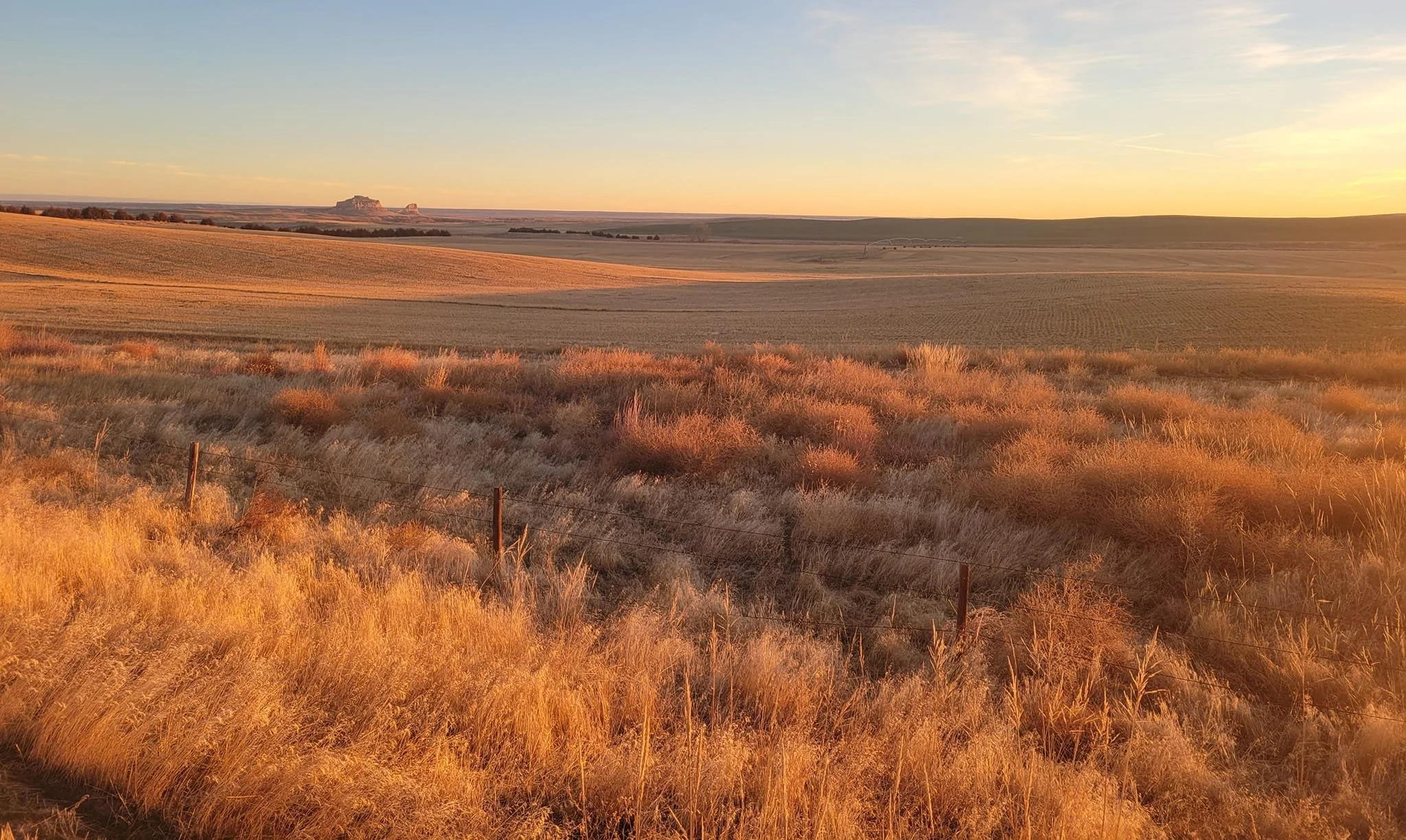 Wide open prairie landscape at sunset with rolling fields, dried grasses, a barbed wire fence in the foreground, and distant flat-topped mesas under a pink and blue sky.