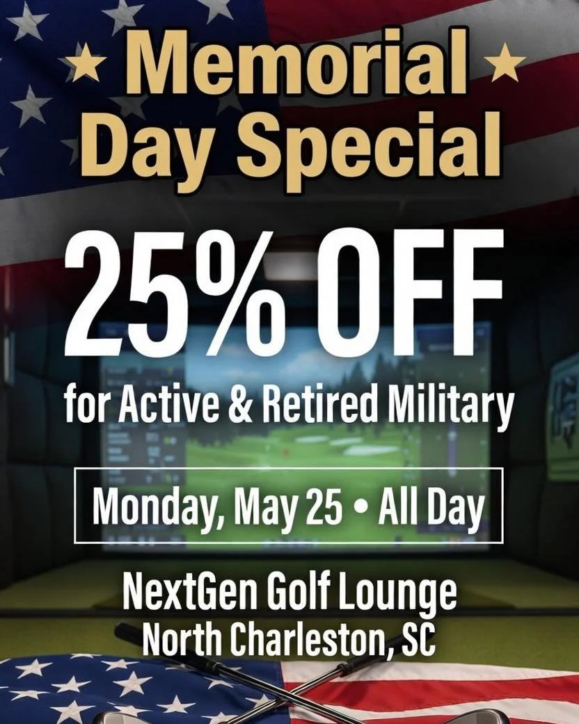 🇺🇸 Memorial Day Special at NextGen Golf Lounge 🇺🇸
This Monday we&rsquo;re honoring our Active Duty &amp; Retired Military with 25% OFF all day in our bays!
Come swing, relax in the lounge, and honor the United States Armed Forces with us. Perfect