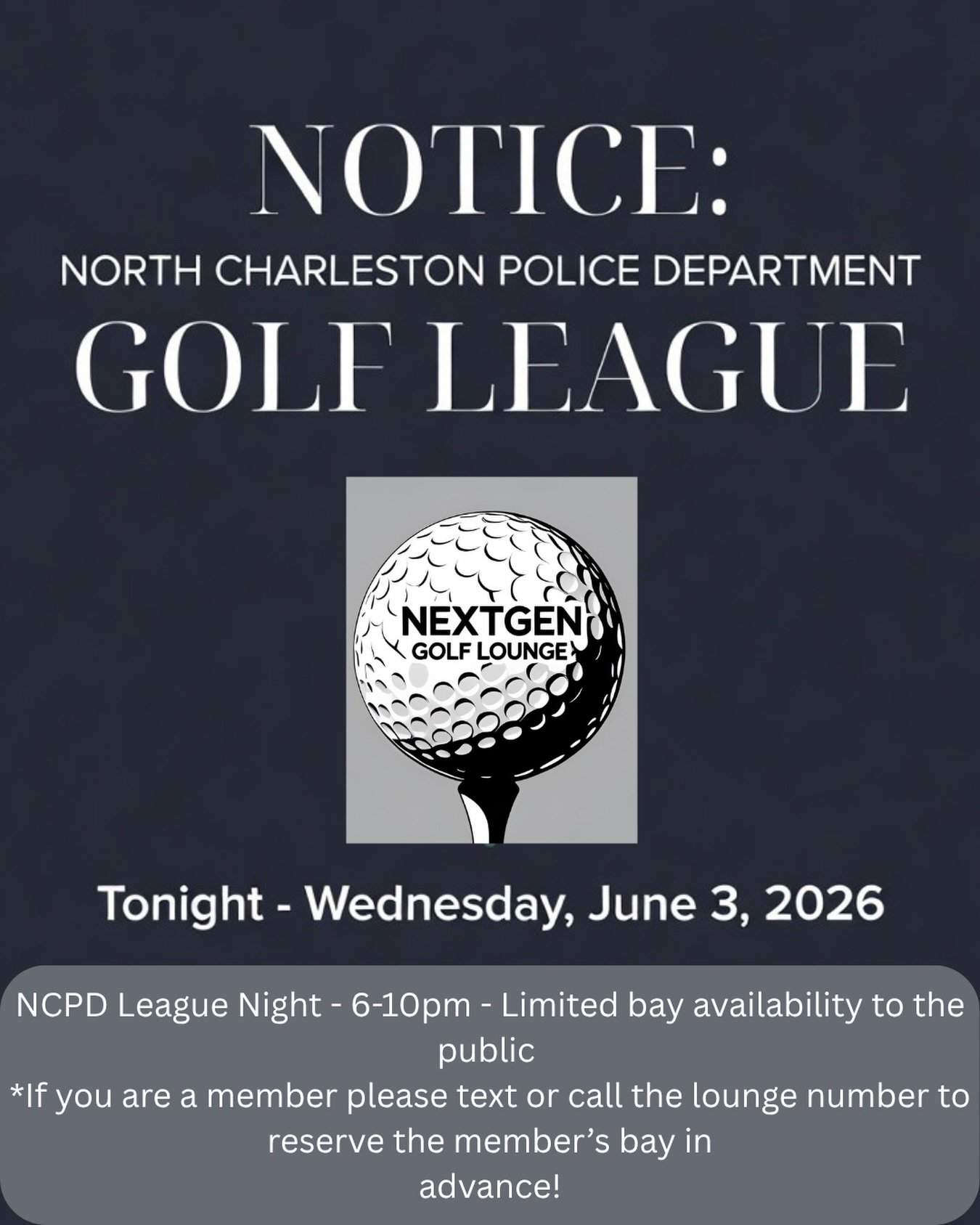 Just a little update to our friends and family at NextGen Golf Lounge! We are welcoming the NCPD tonight and on future Wednesday evenings for the weekly NCPD league night! We may have limited availability for walk ins during the league night (call in