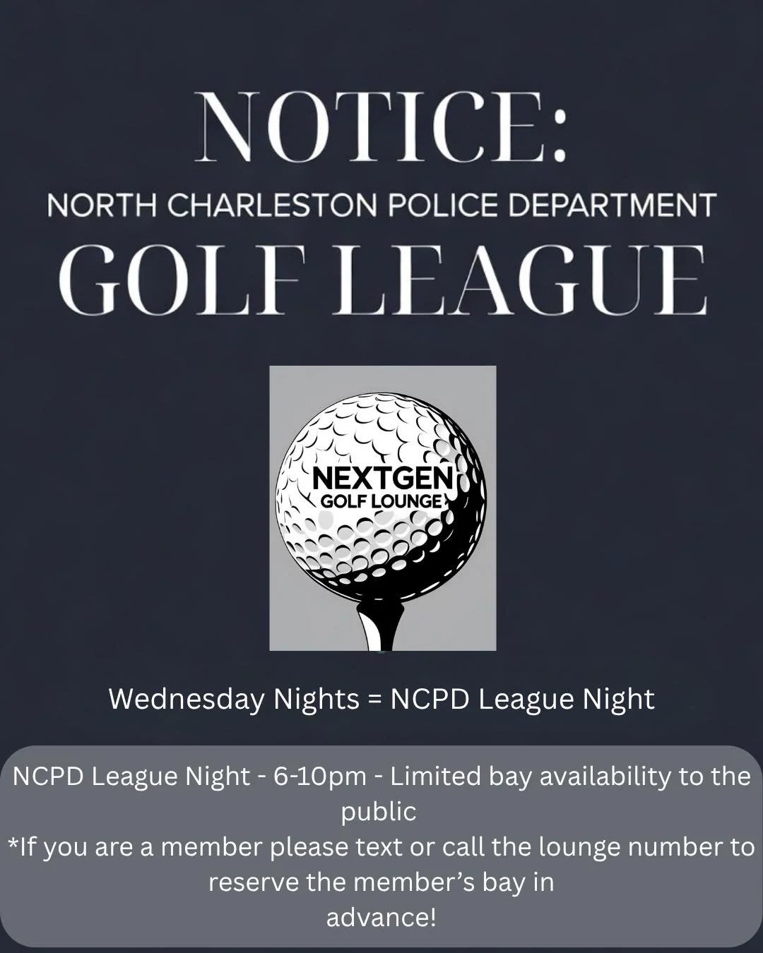 Just a heads up! The Lounge will be busy tonight! For members please call or text to book the back members bay during the league hours!

#nextgengolflounge #charlestongolf #golfleaguenight #indoorgolf