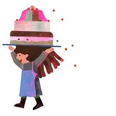 Una ragazza che porta una torta gigante sulla testa.