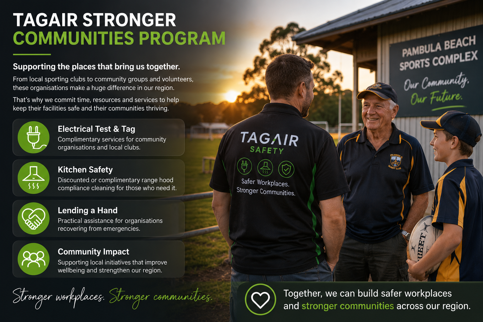 Poster for TAGAIR Stronger Communities Program featuring three people at a sports complex during sunset. Text includes program details on community initiatives and safety services.