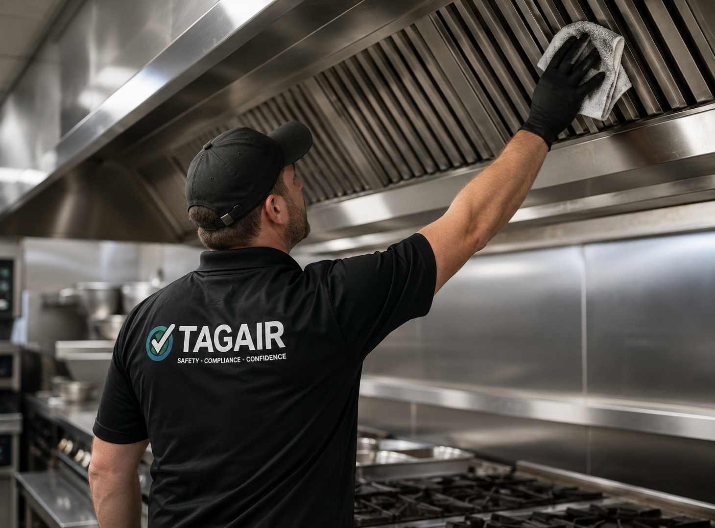 A man wearing a black polo shirt and cap, with 'TAGAIR' branding, cleaning a stainless steel kitchen exhaust hood with a cloth.