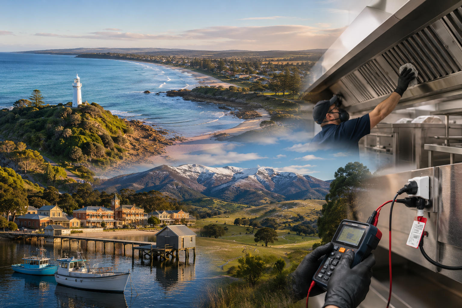 A composite image featuring a coastal landscape with a lighthouse on a green hill, mountains in the background, and a small harbor with boats and houses. Overlaid are images of technicians working on industrial equipment with electrical testing tools.