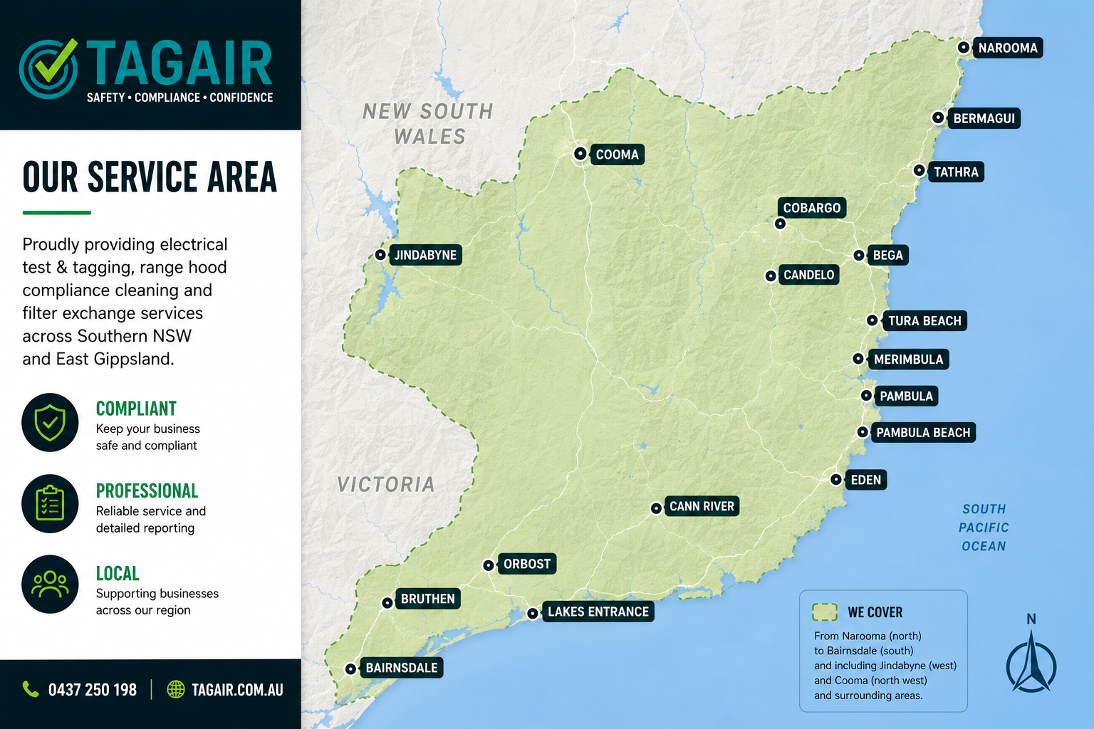 Map showing TT Regional service area across the Sapphire Coast, Snowy Monaro and East Gippsland regions including Merimbula, Pambula, Eden, Bega, Narooma, Cooma and Bairnsdale