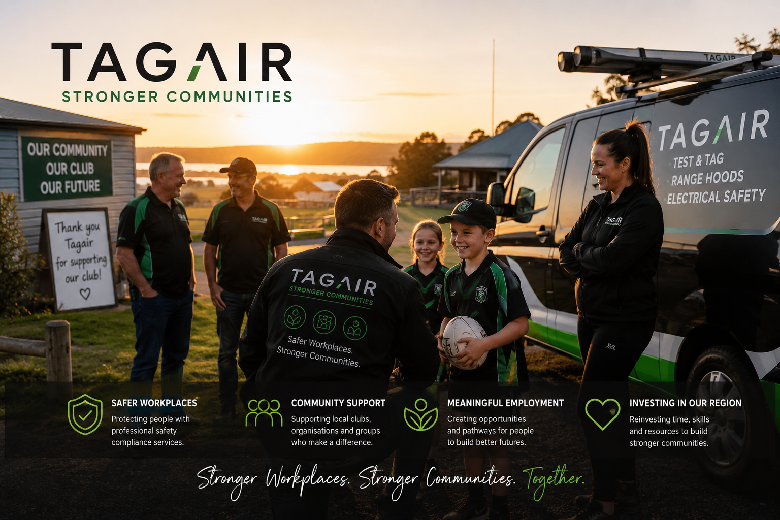 Group of people at sunset participating in a community event promoting safer workplaces, community support, meaningful employment, and regional investment, with a van labeled TAGAIR, a sign thanking Tagair, and a young boy holding a rugby ball, all smiling and engaged.