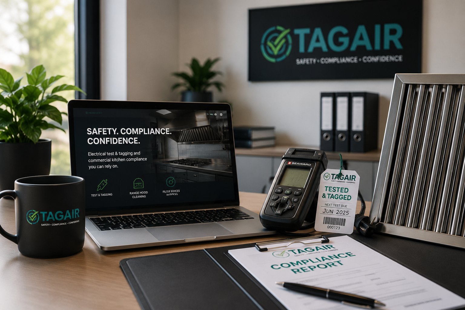 Office desk with a laptop displaying safety, compliance, and confidence in commercial kitchen inspections, a black coffee mug with TAGAIR logo, a handheld device, a compliance report, and potted plants with TAGAIR signage in the background.