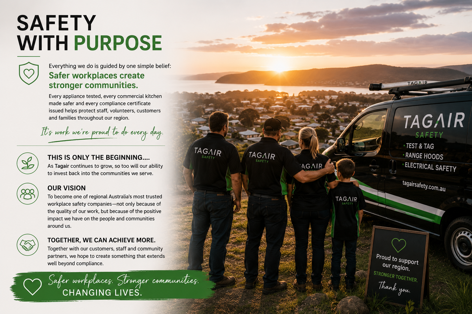 A promotional poster for TAGAIR Safety with the slogan "Safety with Purpose". It features a group of four people, three adults and one child, wearing black and green uniforms, standing near a TAGAIR Safety service van against a sunset landscape. The text emphasizes the importance of safety, community, and trusted workplace safety services.