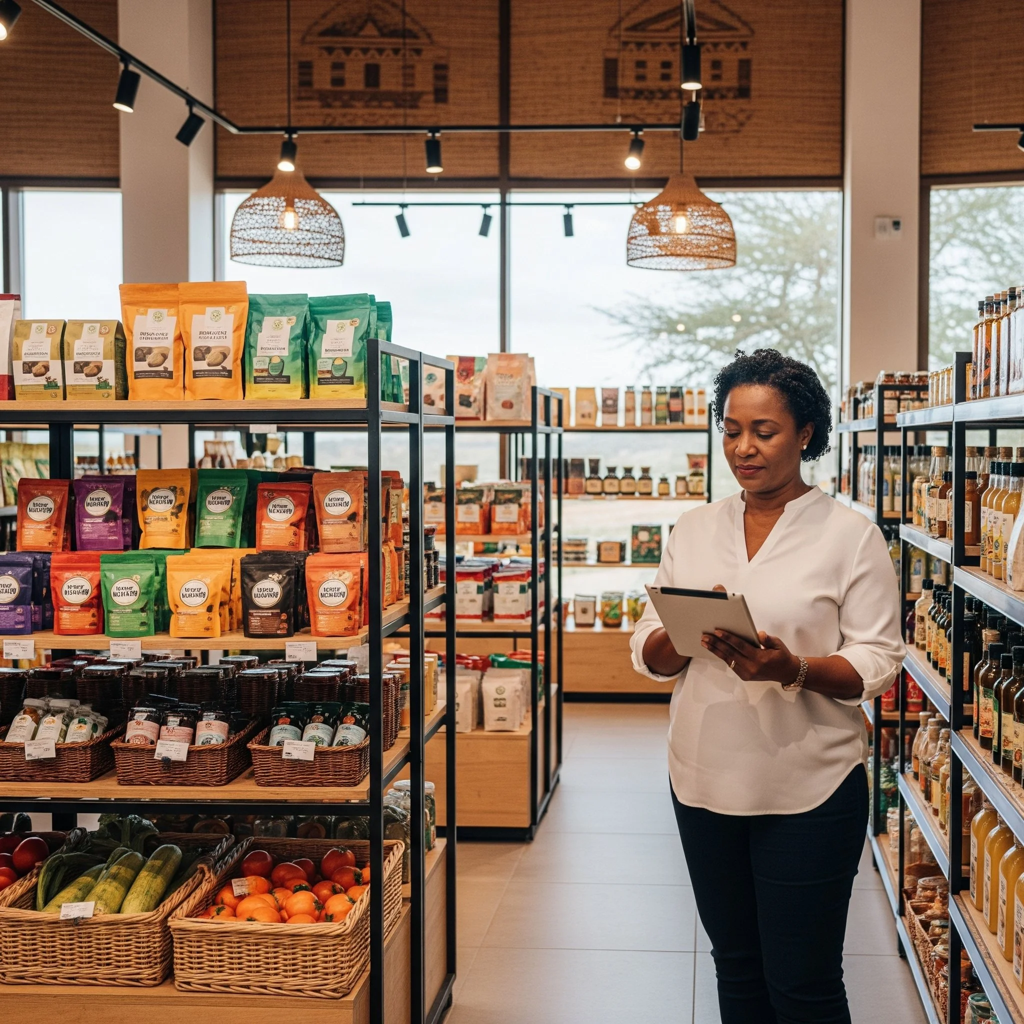 A woman in a white blouse is shopping for groceries in a well-lit store, looking at her tablet. Shelves behind her display various packaged food products and fresh produce.