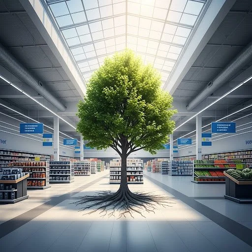A large green tree with roots is growing inside a modern supermarket with shelves and a glass ceiling.