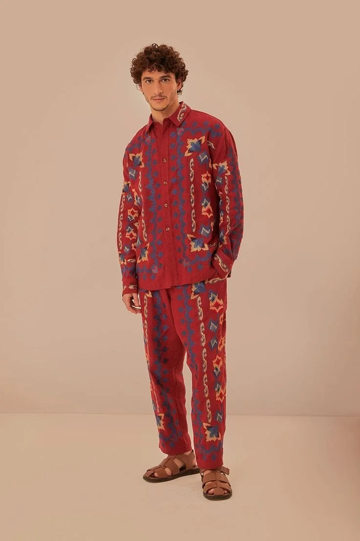 Red Floral Embroidery Jacquard Pants - BURGUNDY _ XXS.jpeg