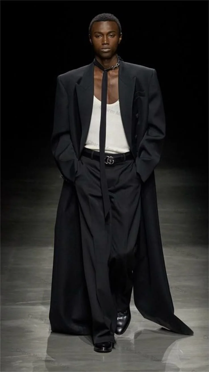 Long Black Men Suits Set 2 Piece Maxi Blazer+Pants Trousers Wedding Tuxedo Cotton Formal Office.jpeg