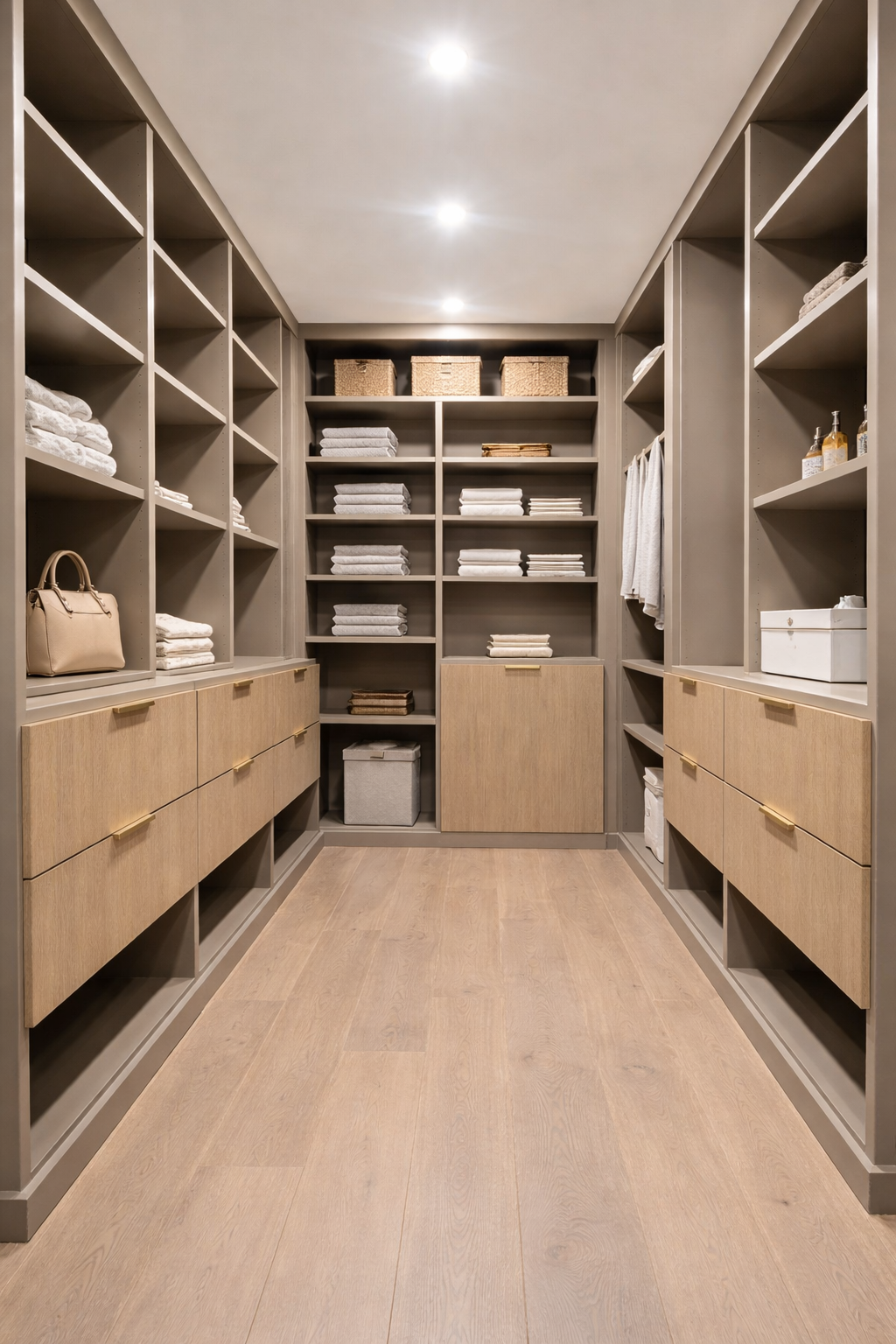 A walk-in closet with built-in shelves filled with folded towels, baskets, and a handbag, featuring light wood cabinets and a wooden floor.