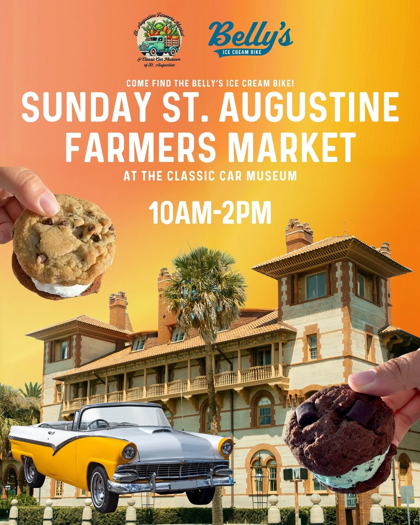 Hey St. Augustine! 🌅 Belly&rsquo;s Bike will be at the Sunday Farmers Market @ The Classic Car Museum from 10am-2pm this weekend. Come say hi and enjoy a handcrafted ice cream sandwich or popsicle. We can&rsquo;t wait to meet you. 🍪🚲
.
.
.
#staugu