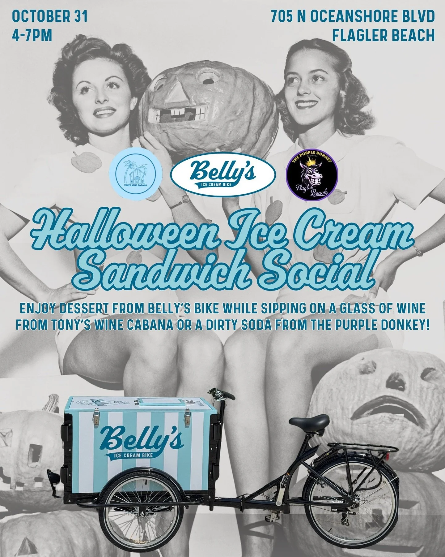 No tricks &ndash; only treats in Flagler Beach on Halloween night. Catch Belly&rsquo;s Ice Cream Bike outside of @tonyswinecabana and @thepurpledonkey from 4&ndash;7pm on 10/31. 👻

We&rsquo;ll be serving up spooky-good ice cream sandwiches and popsi