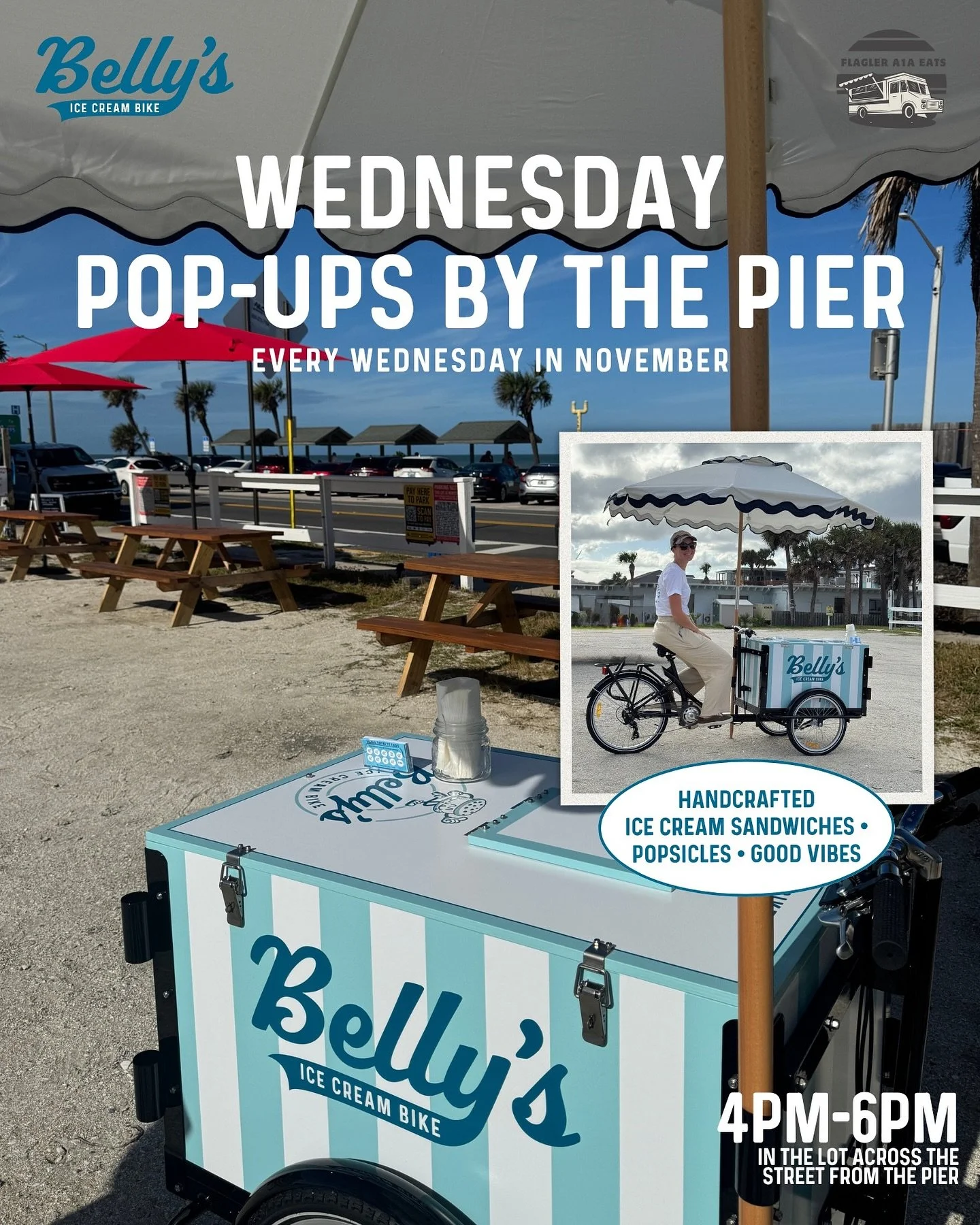 Catch us every Wednesday evening in November set up across the street from the Flagler Beach pier from 4-6pm. Sit at a picnic table and unwind with an ice cream sandwich or take a 4 pack home in one of our complimentary insulated bags. 🍪🚲

Note, we