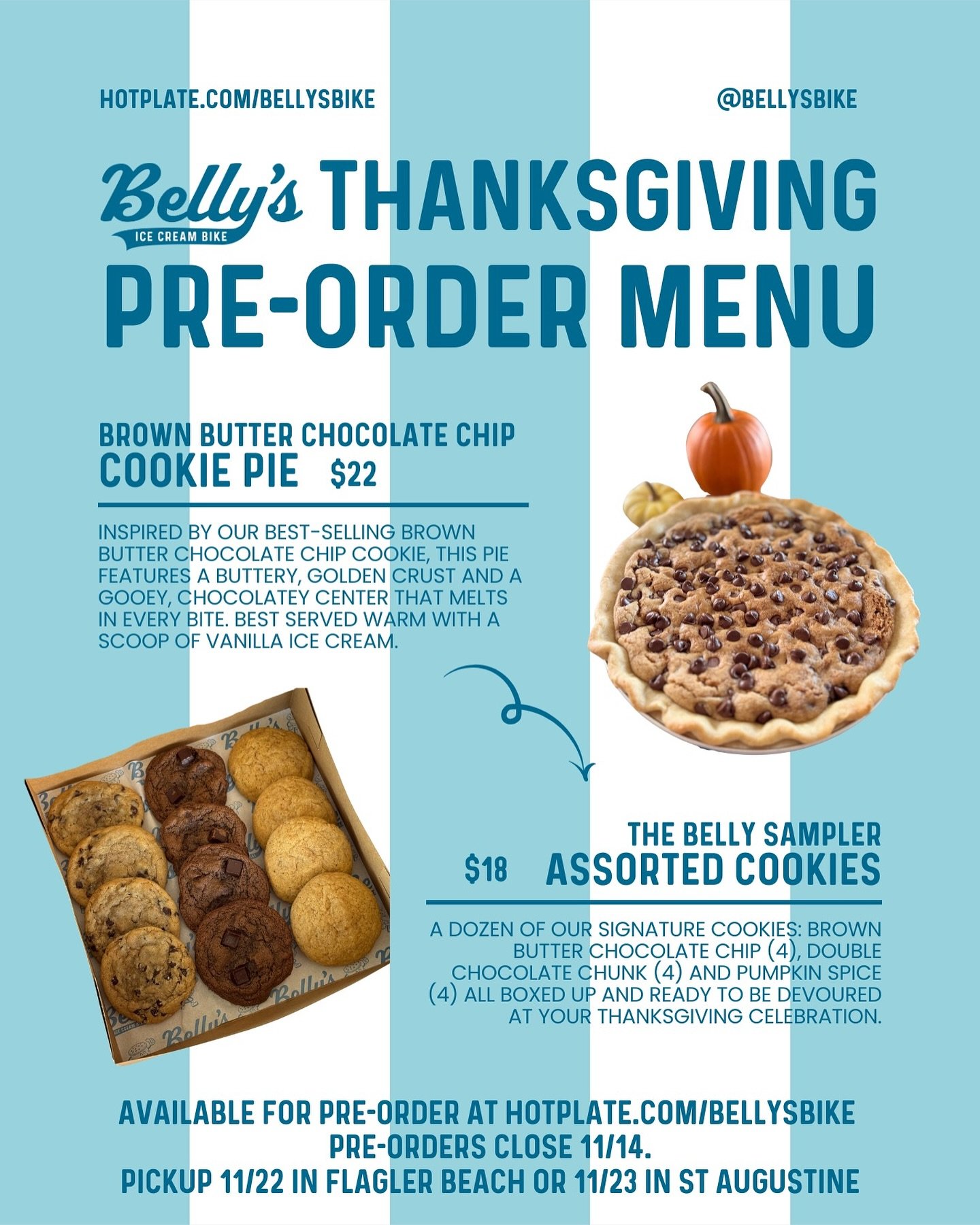 Our Thanksgiving dessert preorders are now live on Hotplate. hotplate.com/bellysbike. Link in bio!

Order your:

🥧 Brown Butter Chocolate Chip Cookie Pie | $22 (preorder price)
Inspired by our best-selling brown butter chocolate chip cookie, this pi