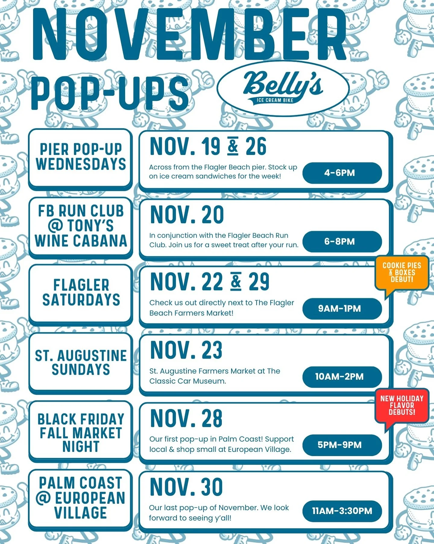 Our full line-up of public pop-ups for the remainder of November. 🍪🚲 So thankful for our sweet little community. See y&rsquo;all out there. 
.
.
.
#flagler #flaglerbeach #visitflagler #visitstaugustine #staugustine #floridaicecream #icecreamcart #p