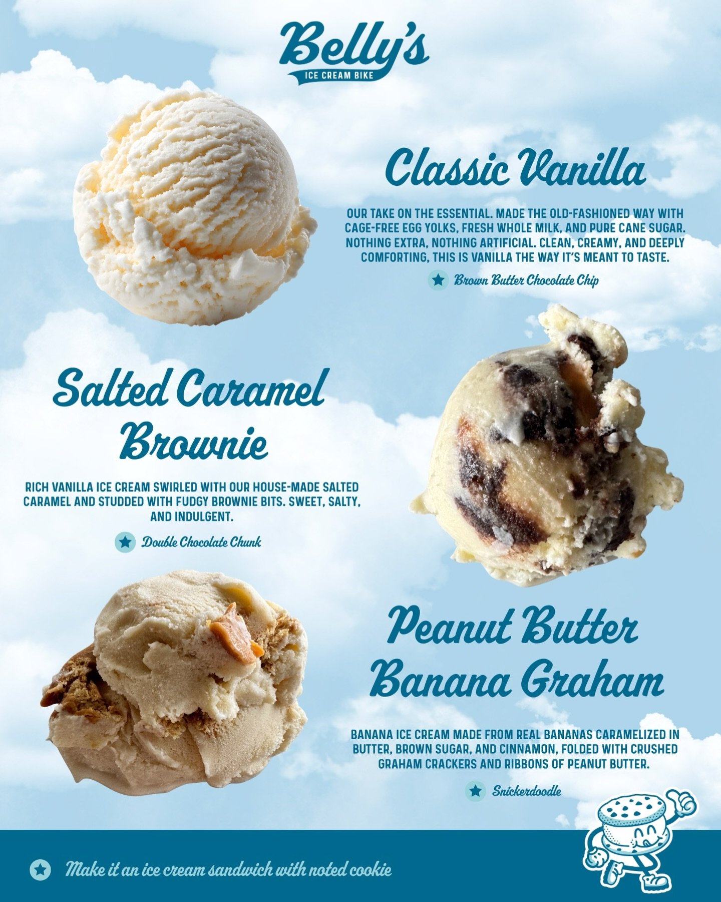 This weekend&rsquo;s menu 🤍
Homemade ice cream made with simple, real ingredients and a whole lot of care.

Classic Vanilla, Salted Caramel Brownie, and Peanut Butter Banana Graham, available by the scoop or as an ice cream sammie sandwiched between