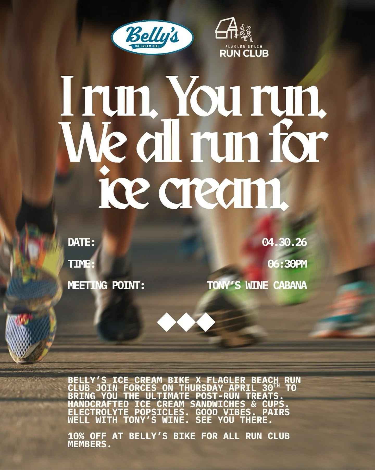 Post-run plans: sorted. Belly&rsquo;s x Flagler Beach Run Club on April 30th at Tony&rsquo;s Wine Cabana. See you at 6:30pm.🙂&zwj;↕️