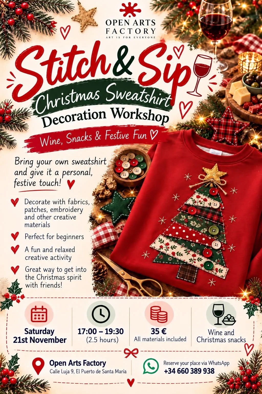 🎄✂️ STITCH & SIP – CHRISTMAS EDITION! 🍷✨