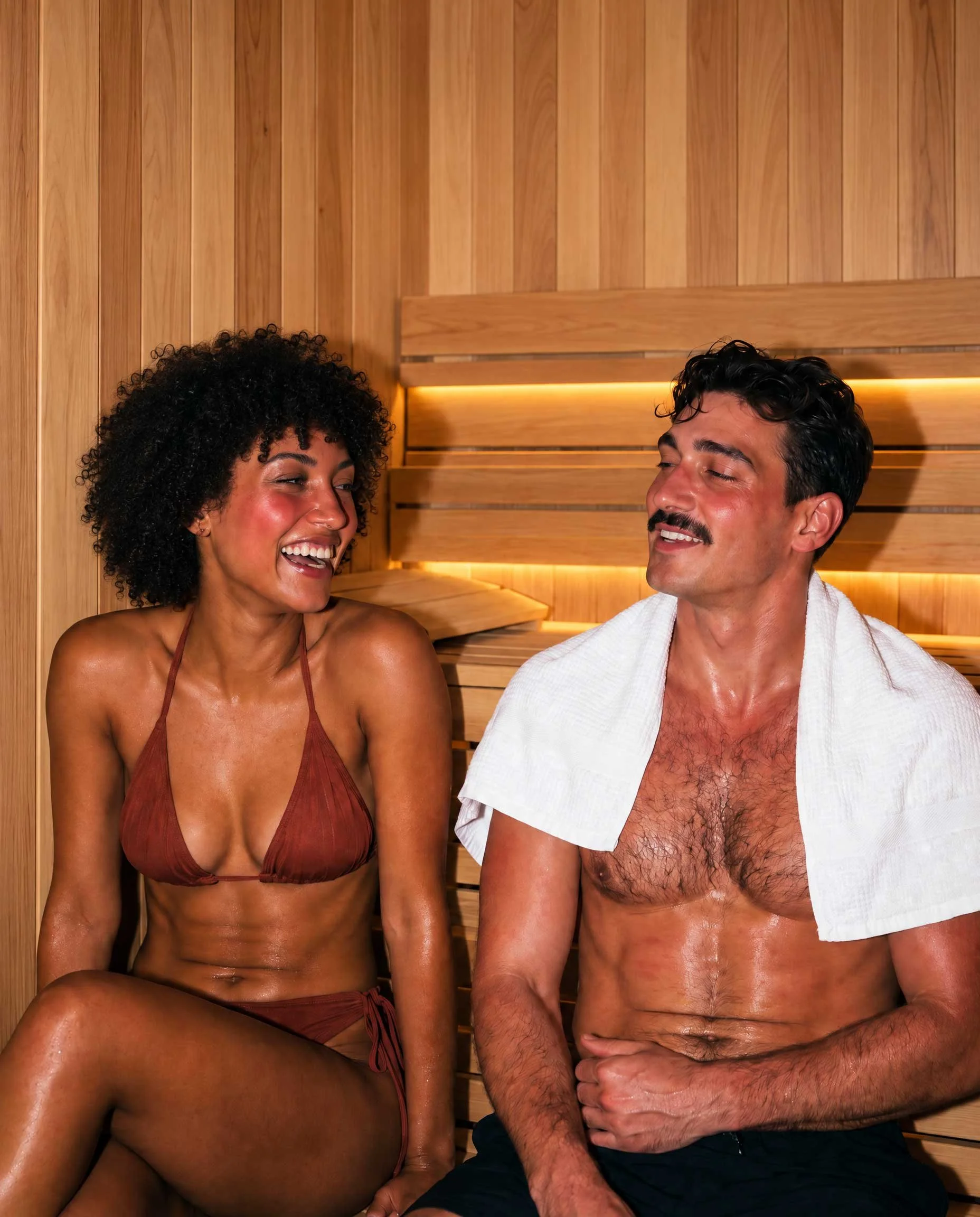 A woman and a man enjoying a moment in a sauna, with the woman sitting and the man wearing a towel over his shoulders, both smiling.