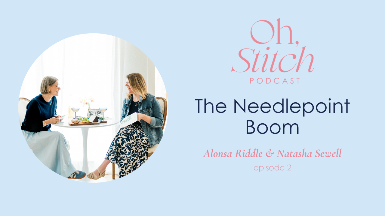 Alonsa and Natasha stitching and talking at a table. Episode Two of Oh, Stitch Podcast cover