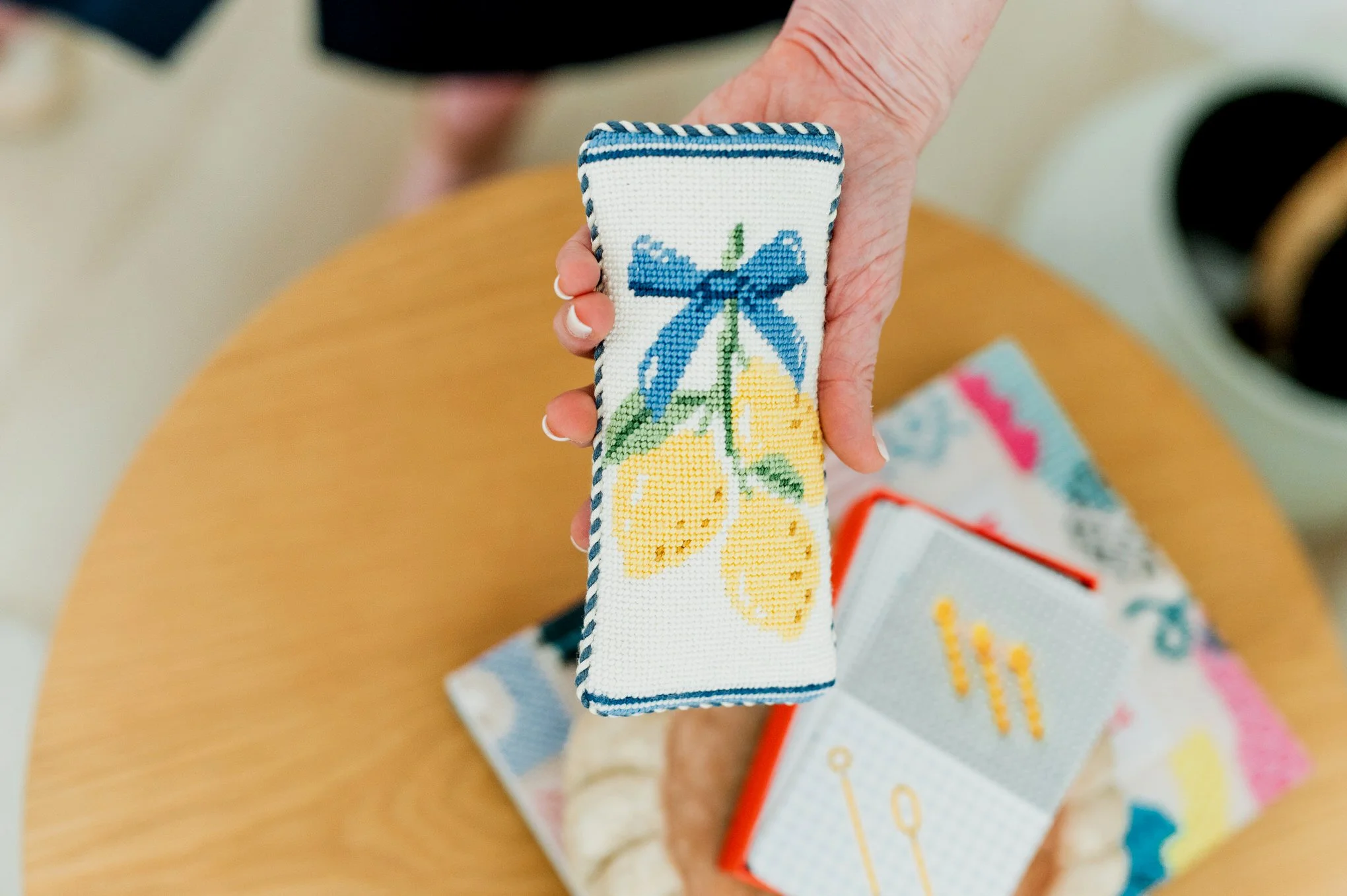 needlepoint craft project turned eye glass holder