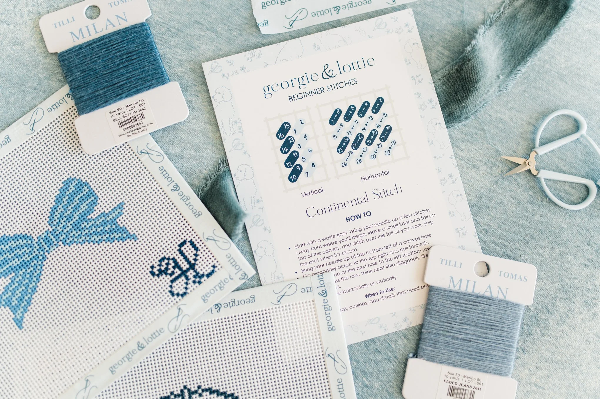 Beginner needlepoint kit with canvas, threads, and needle from Georgie & Lottie Co.