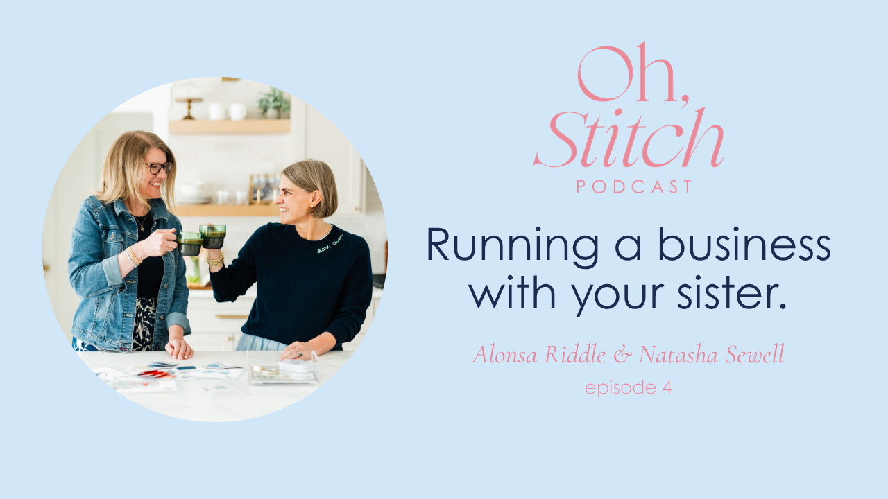 Episode 4 of Oh, Stitch Podcast - Natasha Sewell & Alonsa Riddle cheering with coffee.