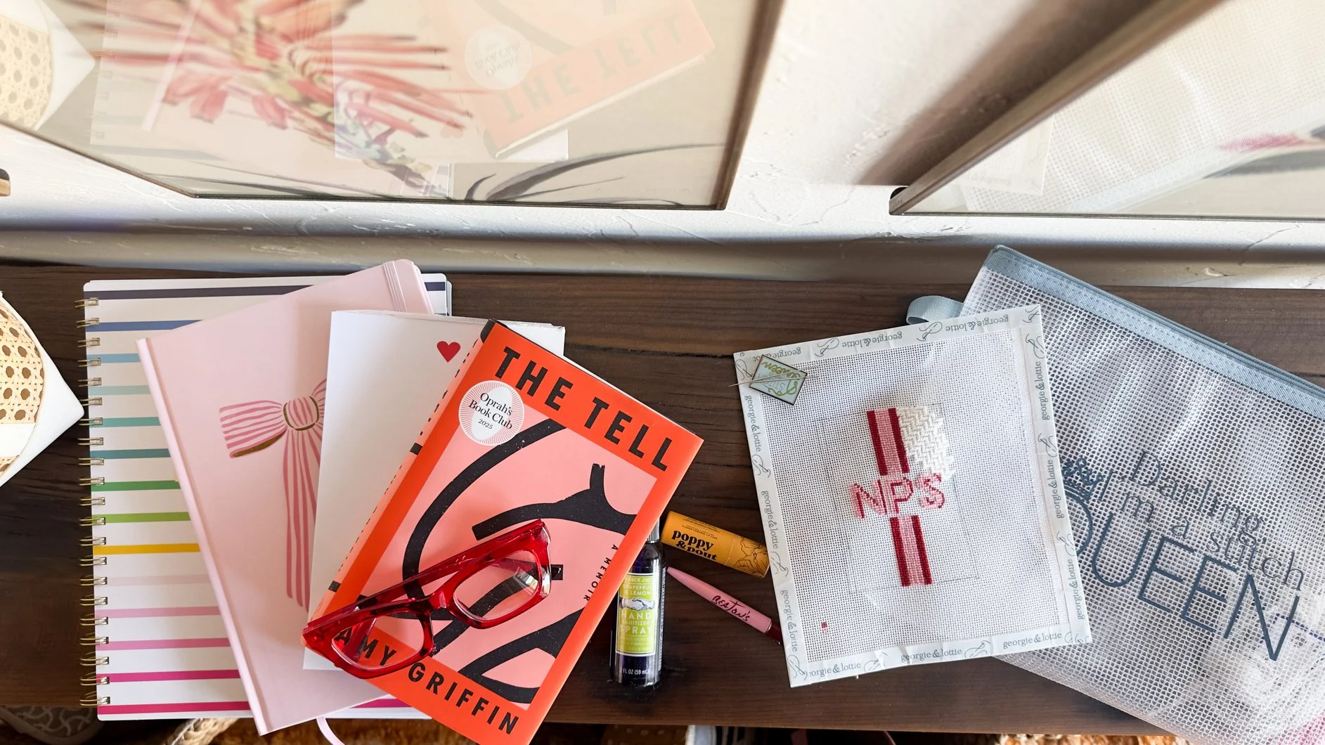 analog bag content including needlepoint project