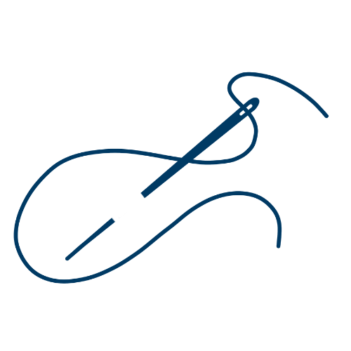 A blue embroidered sewing needle with thread in a on a black background.