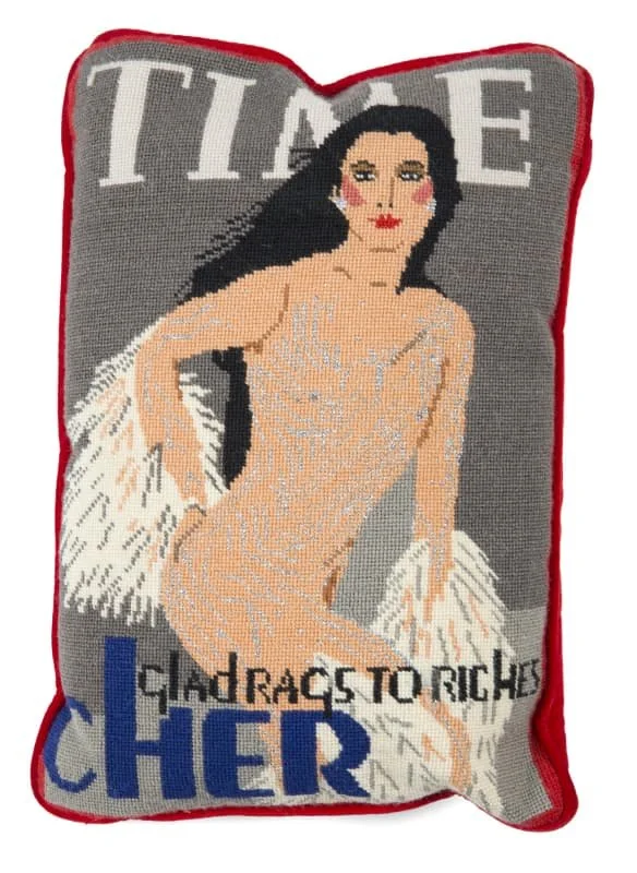 needlepoint pillow of Cher's TIME magazine cover