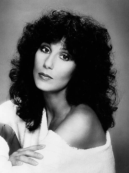 black and white photo of Cher